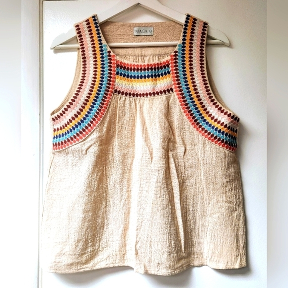 MACA EMBROIDERED MULTICOLORED GAUGE CREAM TOP M - Picture 4 of 16